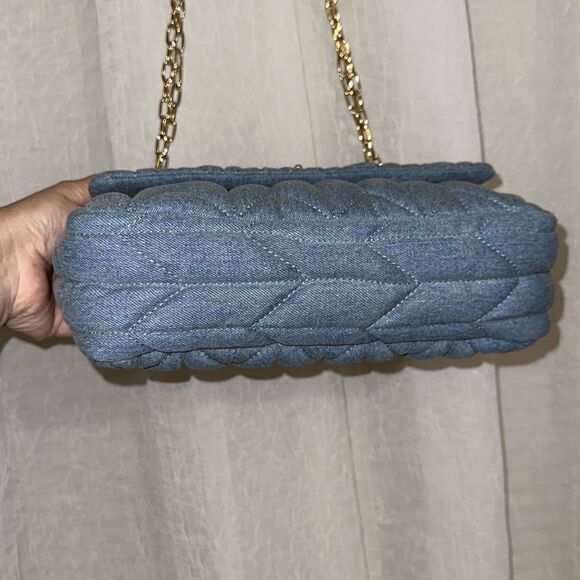 Talbots Gold Tone Chain Strap Leather Trim Quilted Denim Blue Shoulder Bag - Picture 11 of 16